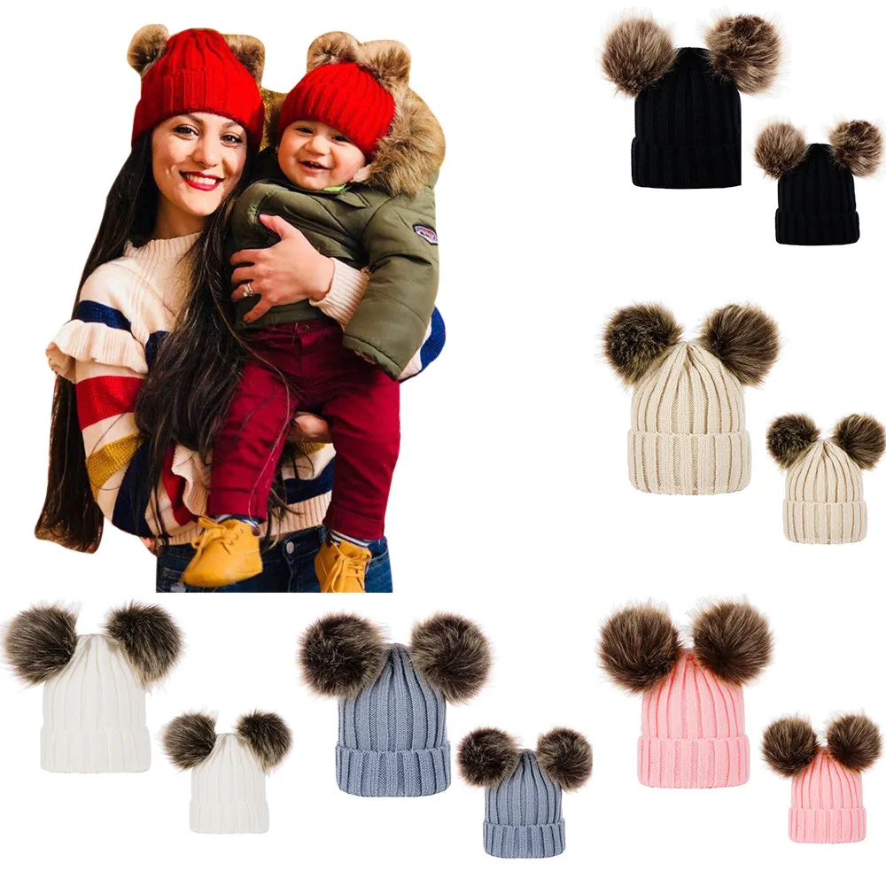 2PCS Winter Children Baby Keep Warm Winter Fur Ball Knitted Wool Parent-child Cap Hat D301022