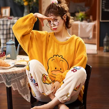 

MELIFLE Winter Warm Soft Pajama Set for Women Atoff Home Fashion Flannel Satin Sleepwear 100% Velvet Kawaii Plush Silk Nightwear