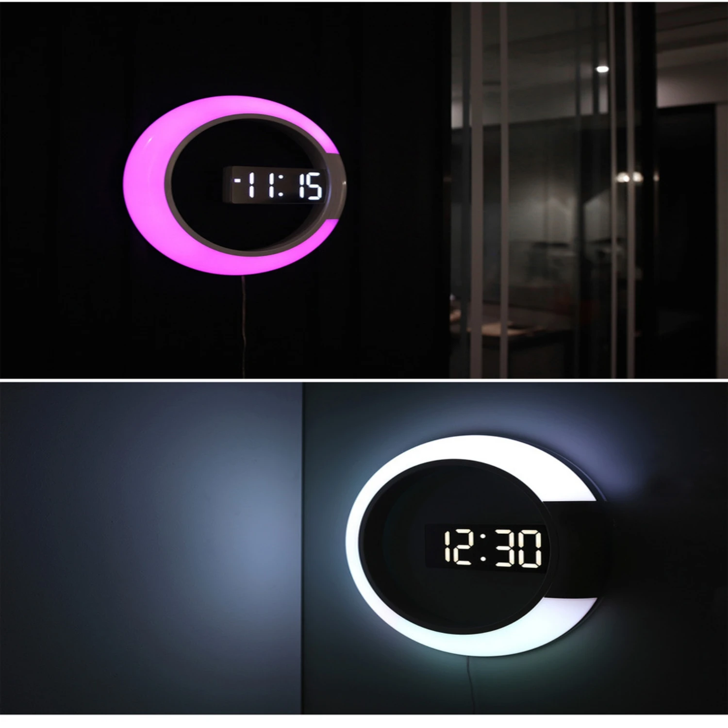 white clock 7 Colors Modern LED Digital Watch Alarm Clock Mirror Hollow Wall Clock Temperature Nightlight For Home Living Room Decorations silent clock