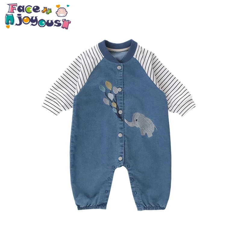 

New Boy Girl Baby Romper Cloths Comfortable Warm Stripe Cowboy Jumpsuits Cartoon Elephant Long Sleeve Kids Clothing