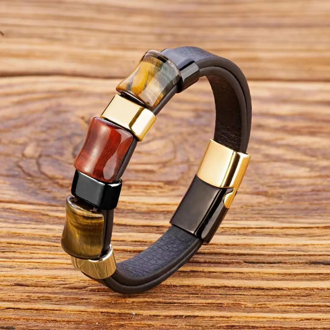 Men's Bracelet Tiger's Eye Leather Rope Stainless Steel bracelet jewelry