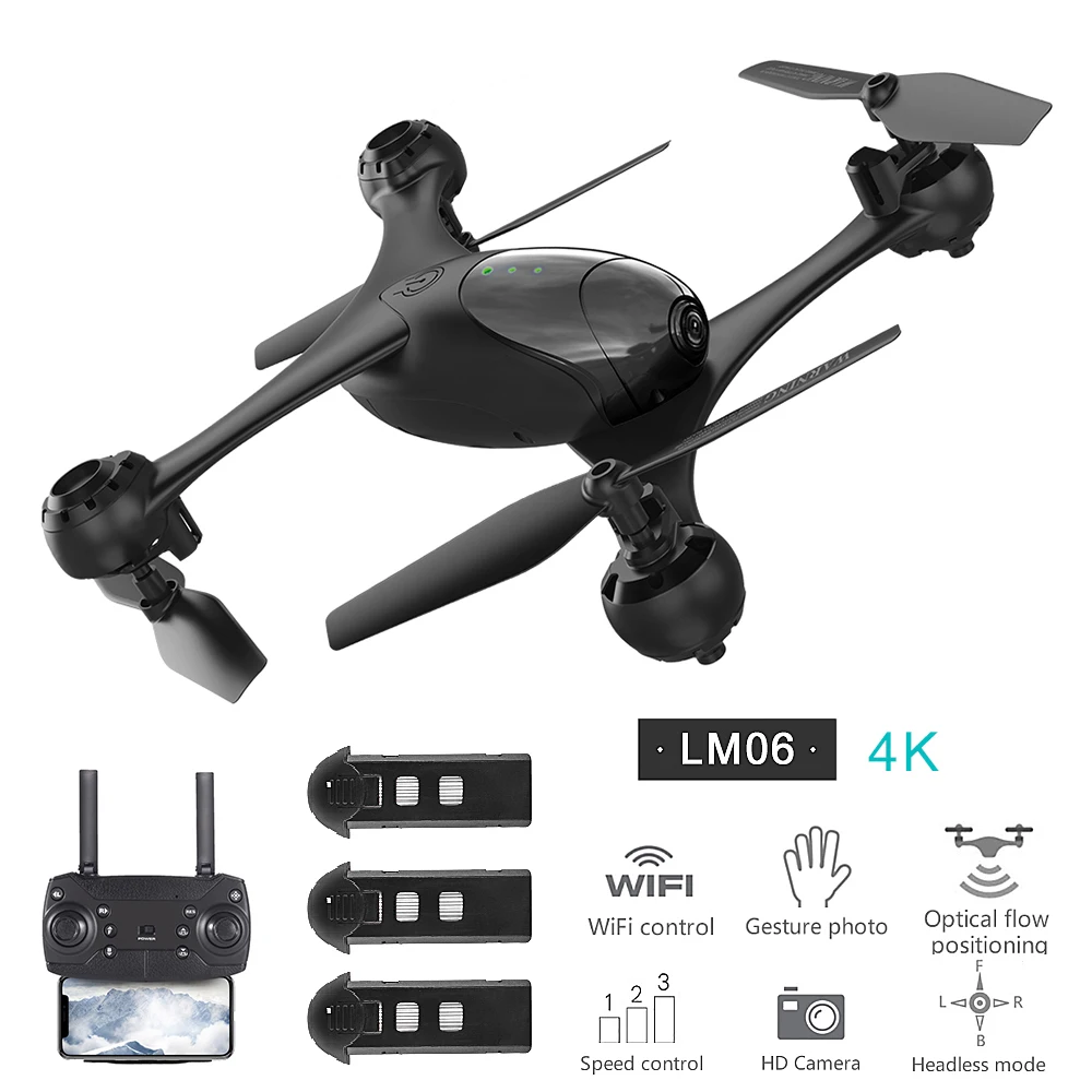 

LM06 RC Drone with Camera 4K Wifi FPV Optical Flow Positioning RC Quadcopter Altitude Hold Headless Mode RC Helicopter 3 Battery