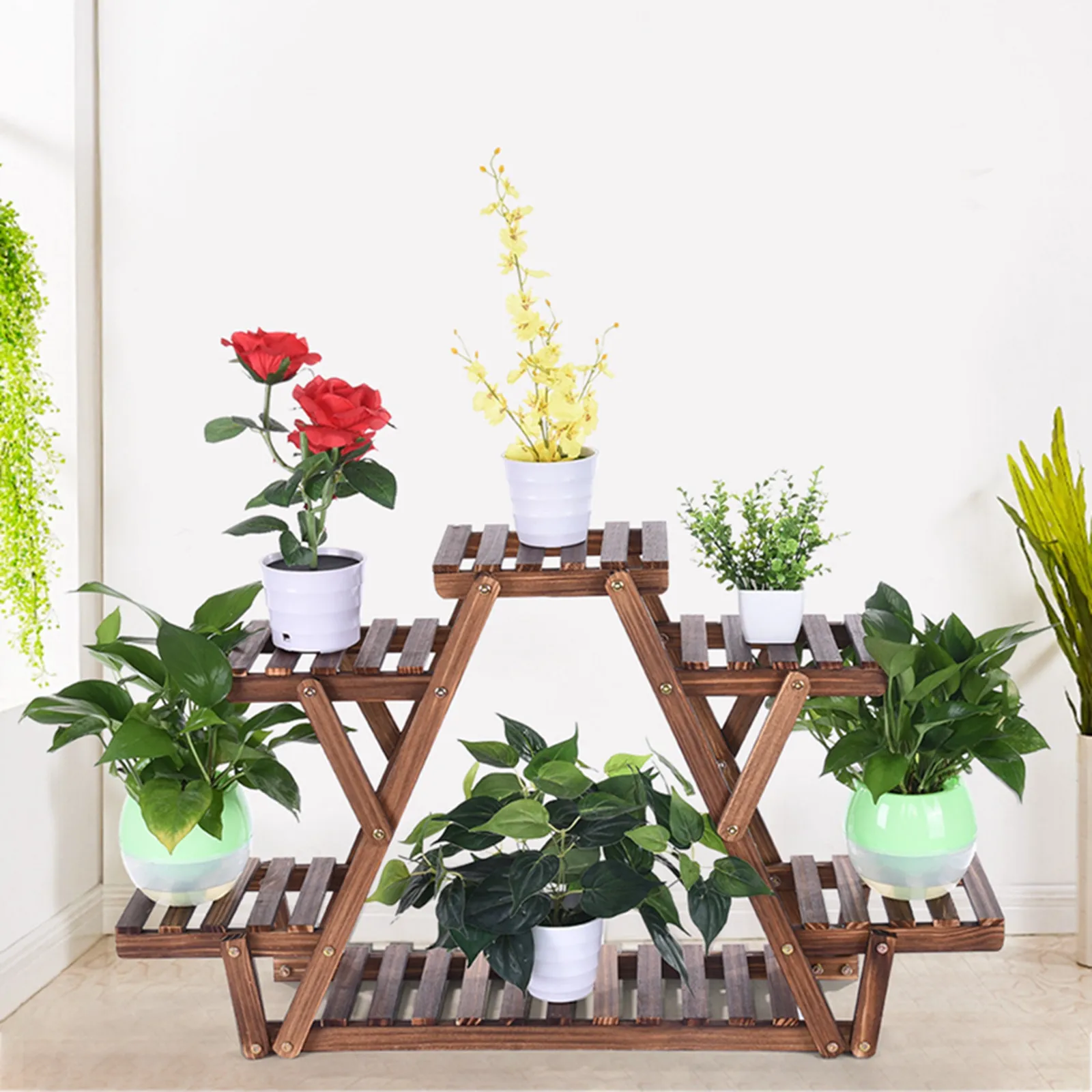 Wood Plant Stand Triangular Plant Shelf 6 Pots Flower Stand Storage Rack Holders