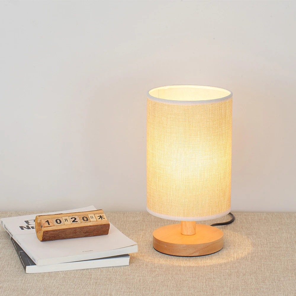 Fabric Wooden Table Lamp for Bedroom Living Room Office Study Cylinder Black Base Simple Desk Lamp Lifeholder Table Lamp Bedside Nightstand Lamp