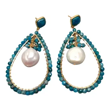 

Natural Handmade Blue Apatite White Coin Pearl Teardrop Drop Studs Earrings