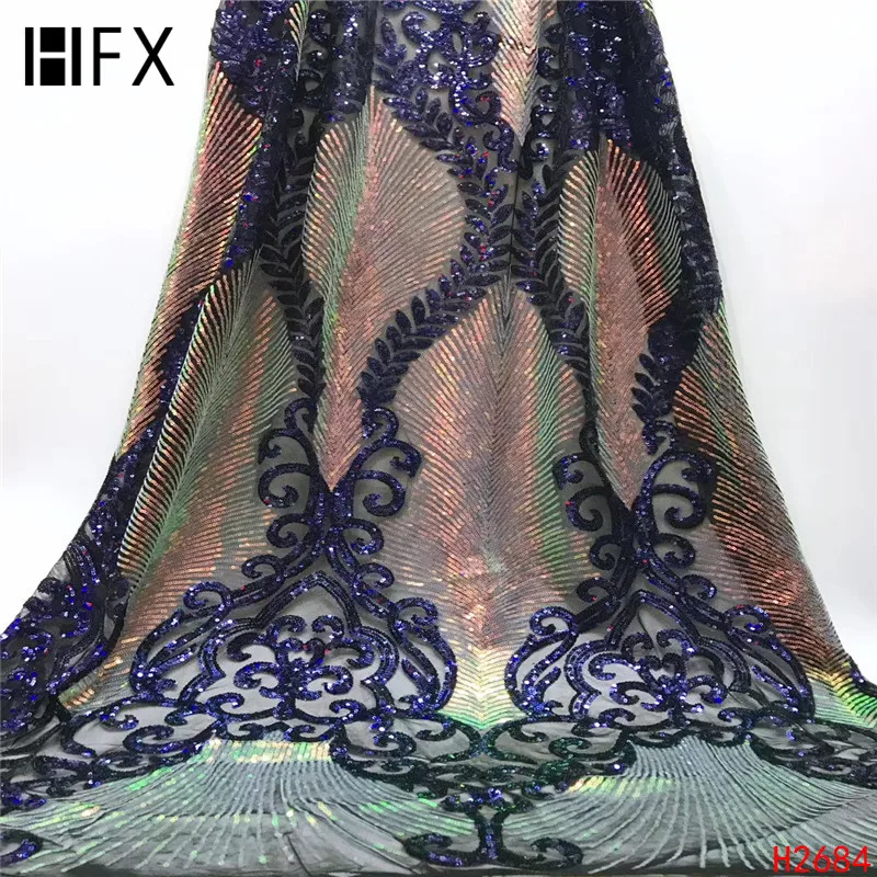 HFX королевский синий АФРИКАНСКАЯ кружевная ткань с блестками французская кружевная ткань высокое качество блестки кружева для нигерийских женщин платье H2684