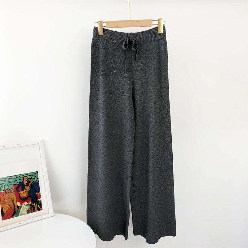 Aachoae 2020 Lady Solid Knit Pants Loose Wide Leg Long Length Pants Female Drawstring Casual Office Home Wear Trousers Pantalon