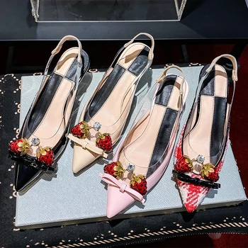 

Butterfly-knot High Heels Pointed Toe Runway Strange Style Bamboo Kittens Heel Women Pumps Crystal Cherry Female Sandals Fall
