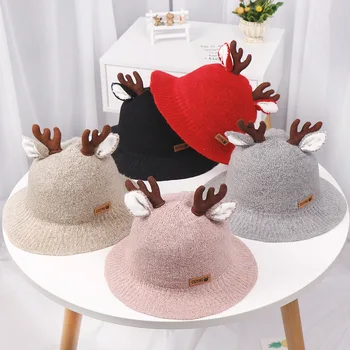 

Baby boy girl hats Cartoon antler ears children's basin caps autumn and winter new 2-4 years old baby fisherman hat kids beanies