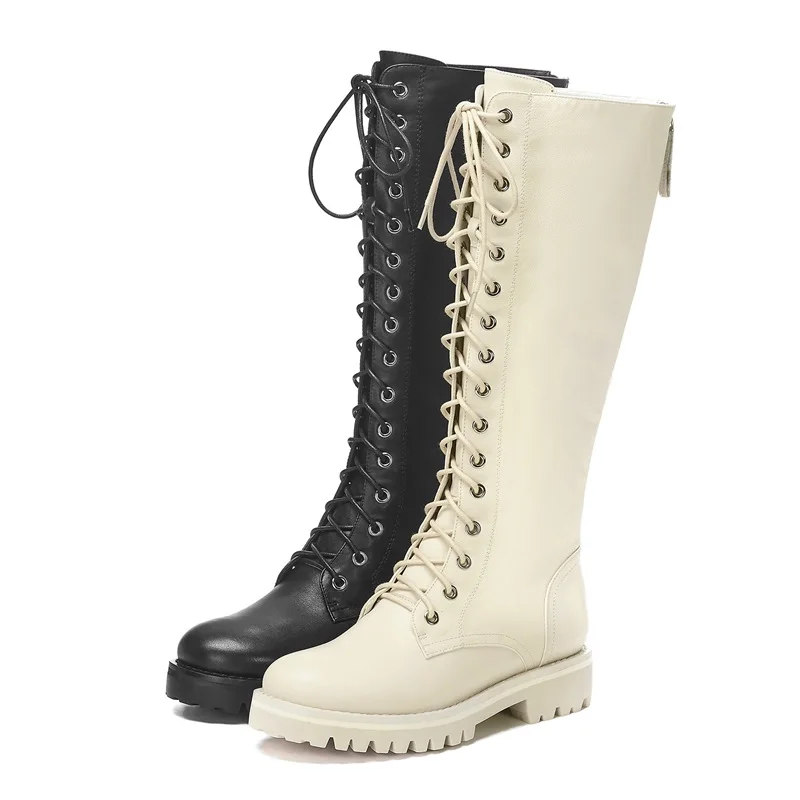ZVQ/высокие кожаные сапоги до колена из бегущей кожи красивые женские ботинки на молнии со шнуровкой Модные женские ботинки на среднем каблуке 4 см, Осень-зима