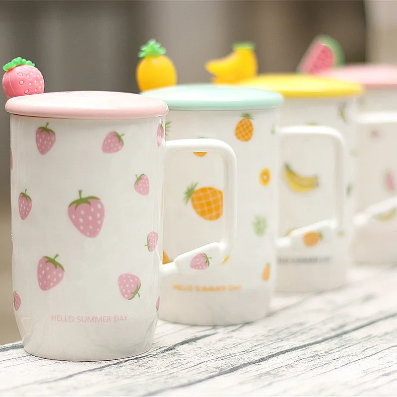 Уникальная с изображением клубники, банана керамическая кофейная кружка с ложкой, Молочный Сок лимонная кружка для кофе в офисе чашка, керамическая чашка для чая
