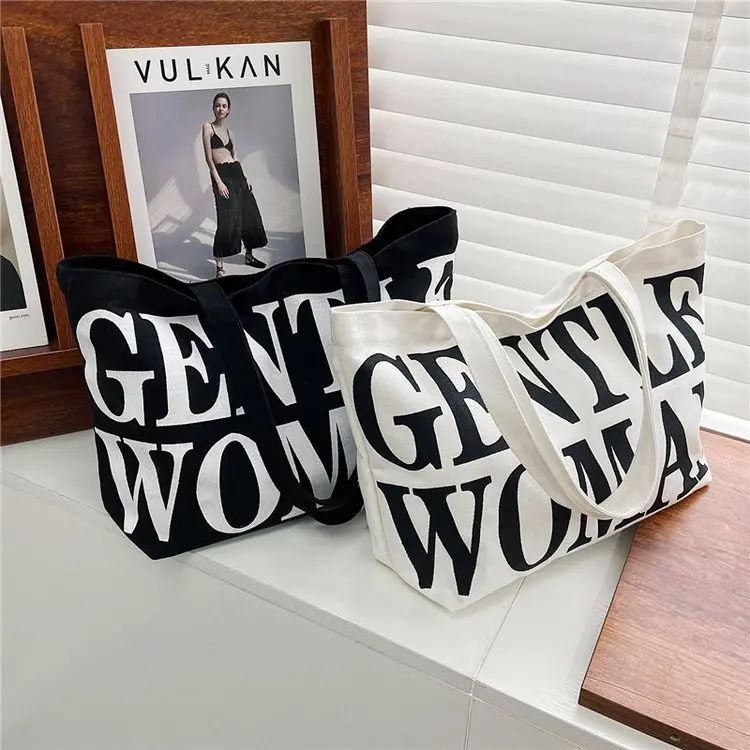 Women Letter Print Canvas Bags Designer Handbags Simple Shoulder Bags for Women Large Capacity Casual Tote Ladies Shopping Bag