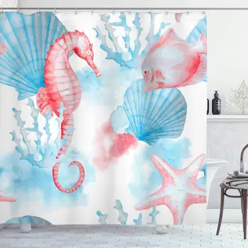 

Nautical Decor Collection, Sea Shells Seahorse and Fish Sandy Beach Exotic Stylized Watercolor Effect Print, Polyester Fabric