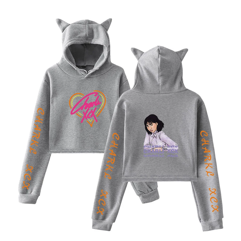 Модные Charli XCX кошачьи уши Повседневные Удобные толстовки с капюшоном для женщин поп кроп топ толстовки женские худи для девочек белые пуловеры толстовка