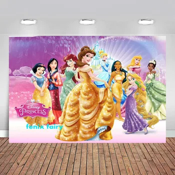 

Cartoon Princess Photography Backdrop Pink Flower Gold Frame Girls Birthday Party Backgrounds for Photo Studio 7x5FT