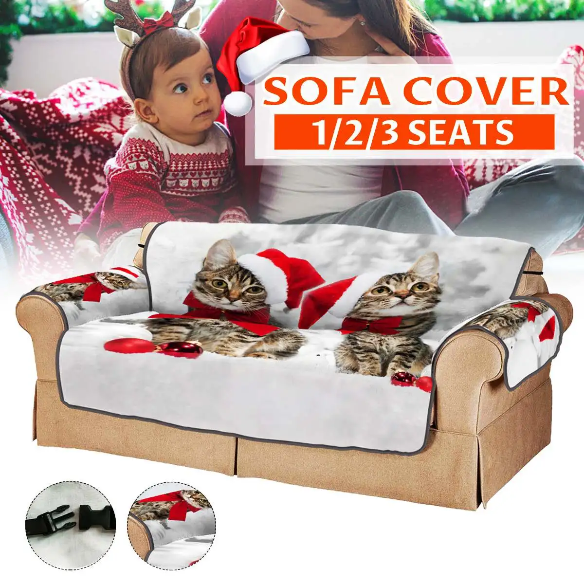 

1/2/3 Seats Christmas Cat Printed Furniture Sofa Cover Slipcover Elastic Stretch Four Season Sofa Covers Protector Washable