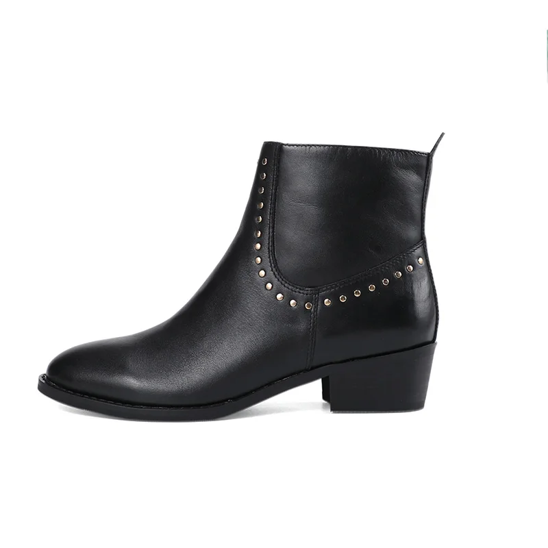 

Women's closed toe low heel ankle bootie with multi rivets around ankle with side zipper booties for work women
