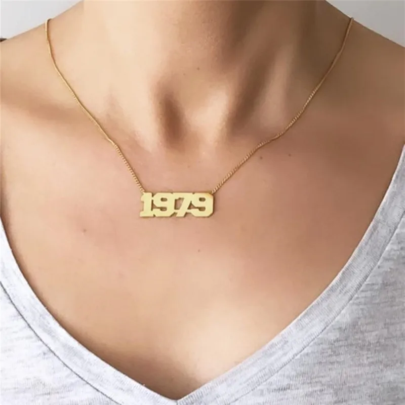 

Gothic Date Birth Year Necklace Women Men Custom Jewelry Personalized Number Pendant Necklaces Stainless Steel Kolye BFF Gift