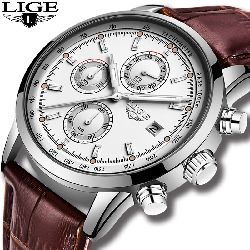 

Relojes Hombre 2019 LIGE Casual Leather Fashion Silver Quartz Watch Men Military Wateproof Clock Male Big Dial Date Chronograph