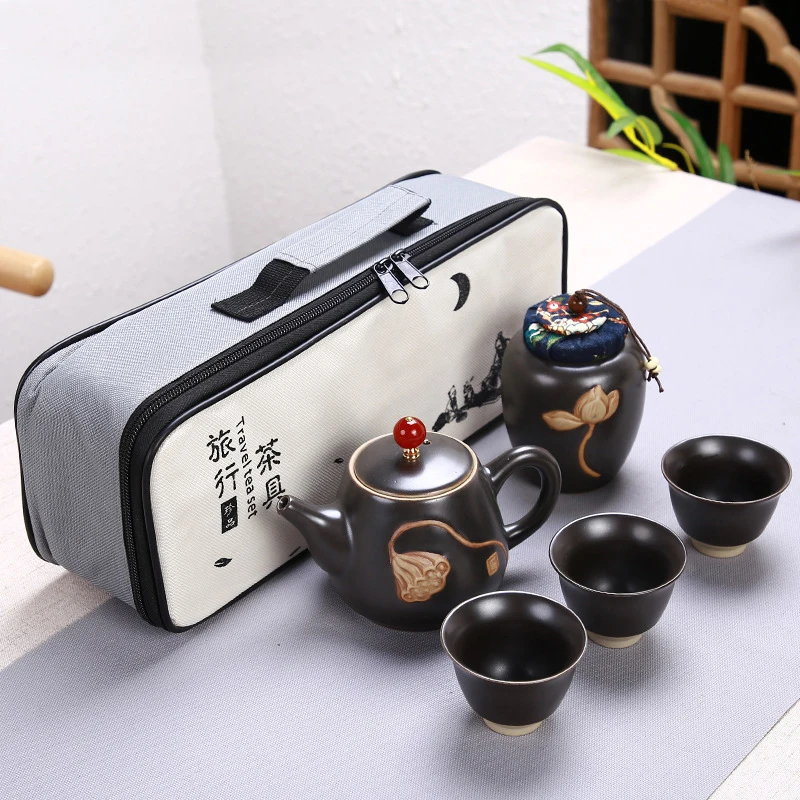 Portable Chinese Tea Set Ceramic Teapot Leaves Jar 3 Porcelain Cups with Carrying Case GQ | Дом и сад