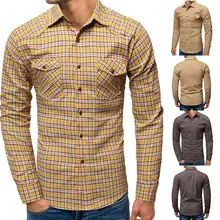 Повседневная клетчатая рубашка для мужчин с длинным рукавом, мужская рубашка, платье с двойным карманом, блуза для мужчин, большой размер, коричневый, желтый