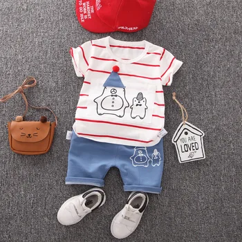 

Toddler Baby Girls Boys Clothes Short Sleeve Cartoon Top + Shorts Sets Children Cotton Outfit Summer Striped Boy Girl Clothing