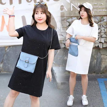 

Large size women's fat mm2020 summer Korean version of the 200 pounds thin color matching denim bag T-shirt 5270