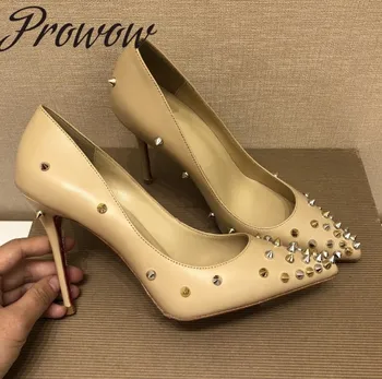 

2020 New Autumn New Genuine Leather Spikle Studded Thin HIgh Heel Pumps Sexy Pointed Toe Red Wedding Pumps Shoes Women