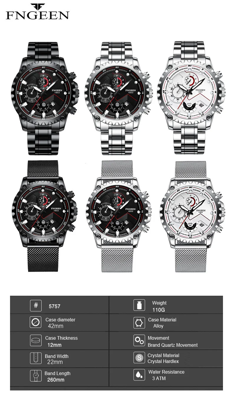 Hot Fashion style Luxury Brand FNGEEN Steel Band Watch Men`s Quartz Waterproof watches Sport Men Wrist watch reloj hombre
