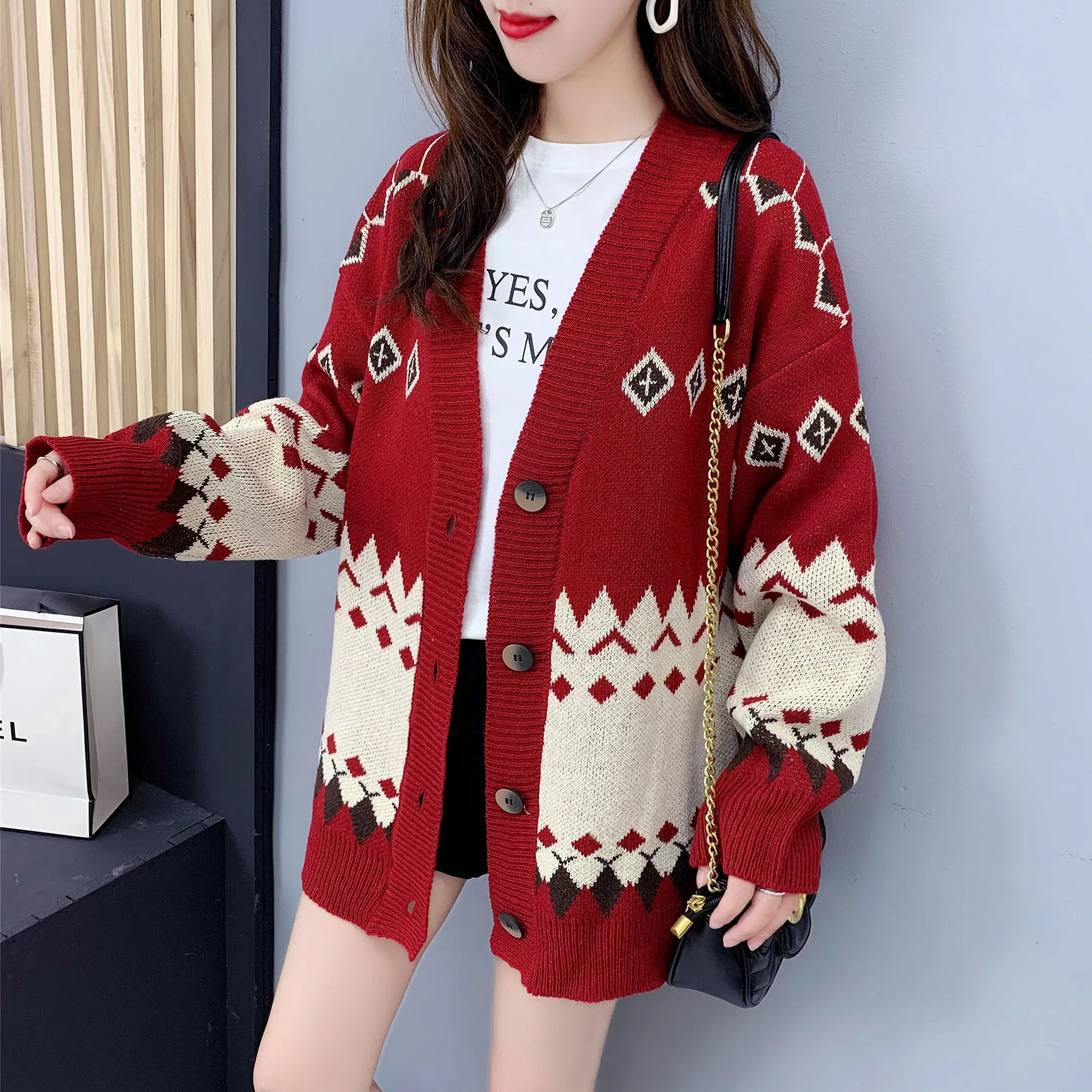 Women's sweater cardigan 2021 new casual V-Neck long sleeve loose retro jacquard button knitted top winter women's sweater coat ugly christmas sweater