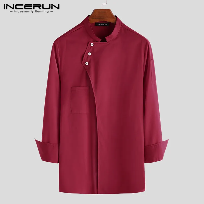 Wine Red Модные мужские однотонные куртки шеф-повара с длинным рукавом и стоячим воротником, одежда для кухни, рабочая одежда, Рабочая форма, INCERUN - Цвет: Wine Red