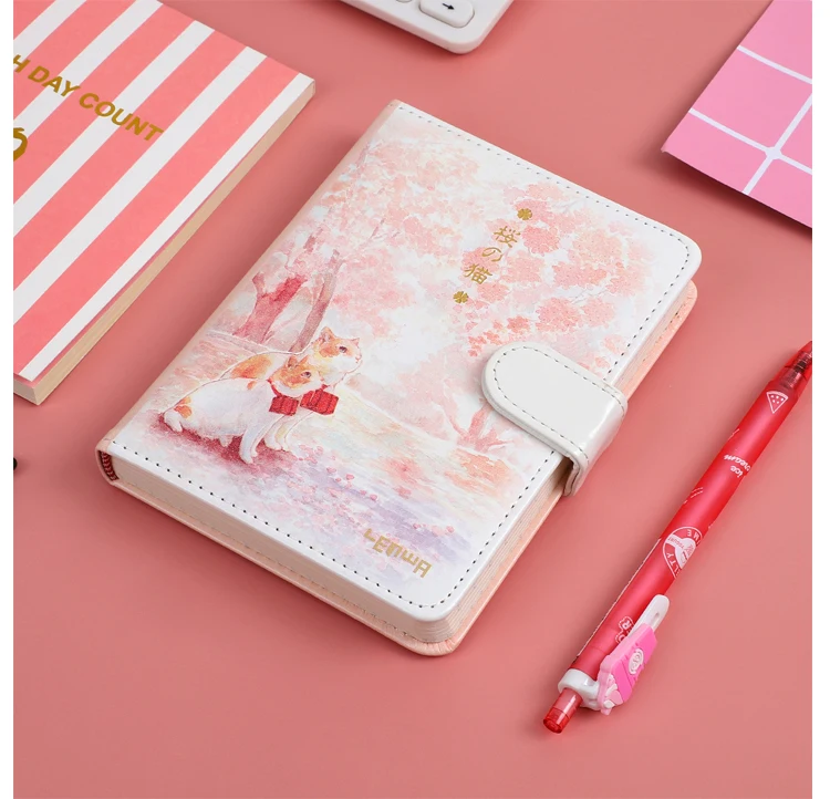 JIANWU 1PC Creative Cartoon Cute sakura cat Personal Diary notebook PU Hardcover planner Notebook bullet journal supplies