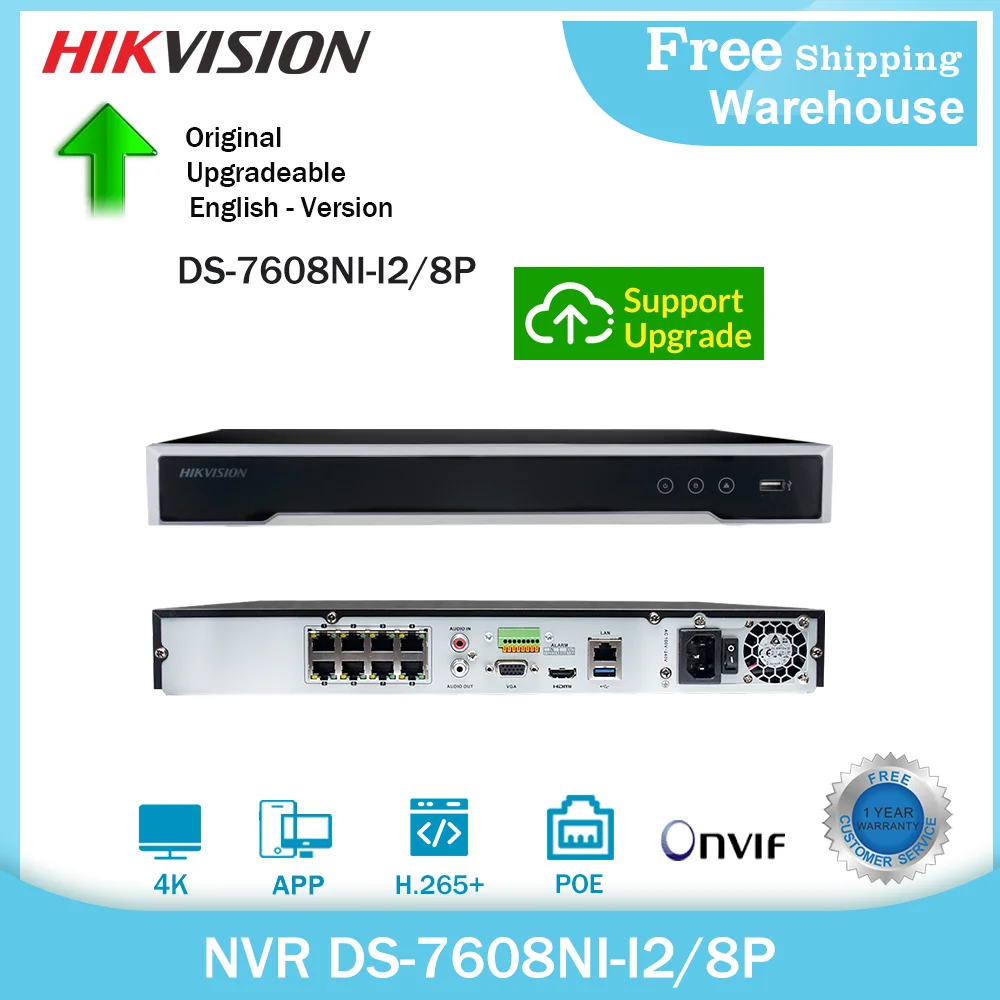 Hikvision 4K POE NVR DS-7608NI-I2/8P 8CH    2 Sata H265+ P2P CCTV NVR For IP Camera  Security camera system Video Recorder