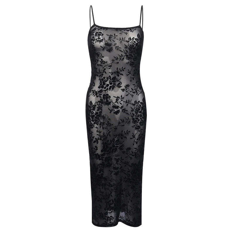 WannaThis Knee Mesh Dresses Black Sexy See-through Spaghetti Strap Sleeveless Flower Print Slash Neck Clubwear Party Long Dress