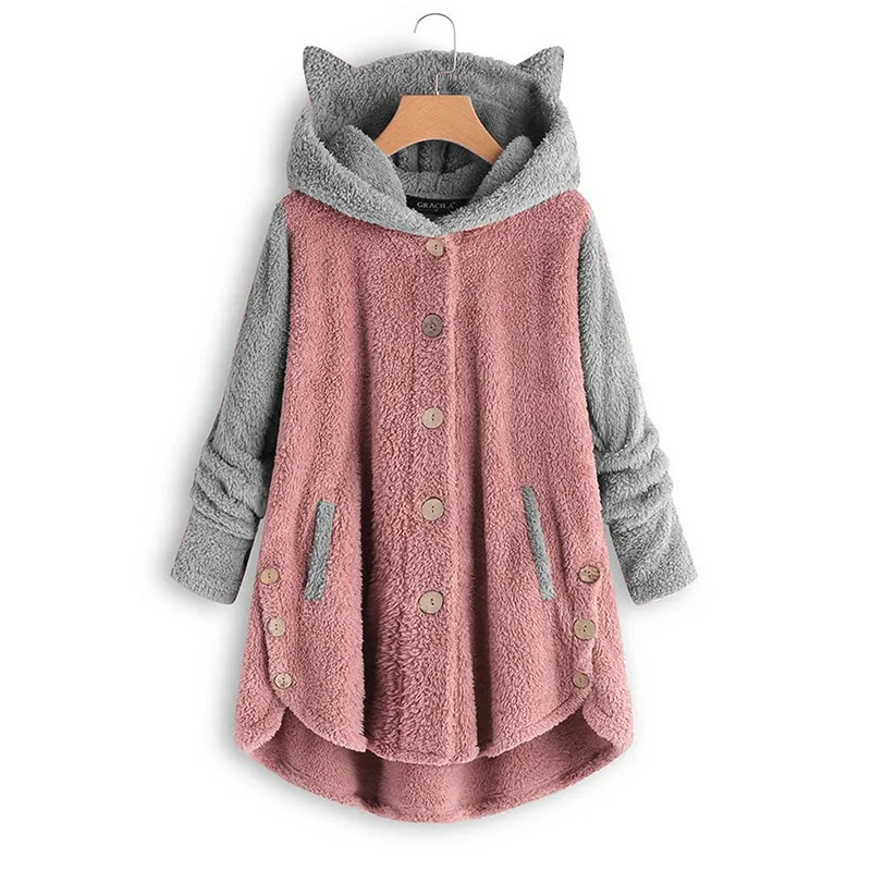 Милая куртка с капюшоном и кошачьими ушками, модное зимнее осеннее женское теплое длинное пушистое пальто, куртка, верхняя одежда, Свободное пальто с карманами - Цвет: Розовый