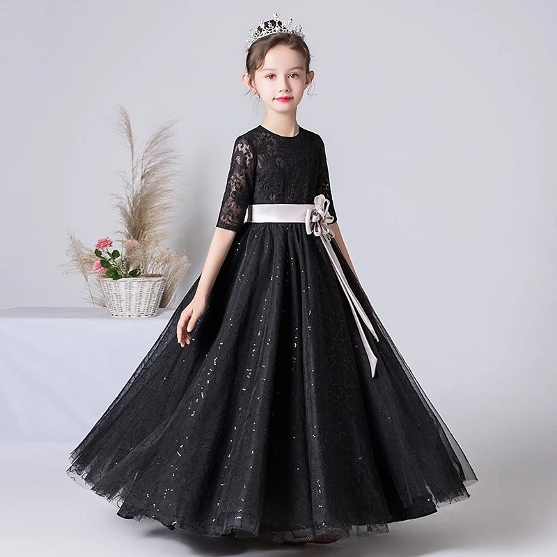 

Formal Dress for Girls Black Sequins Lace Tulle Long Flower Girl Wedding Evening Kids Dresses Princess Party Gown Half Sleeves