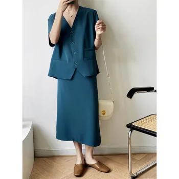 

2020 Spring New Women Blazer Vest + Skirts Sets Single Breasted V-Neck Casual Jacket Elastic Waist Skirt Office Lady