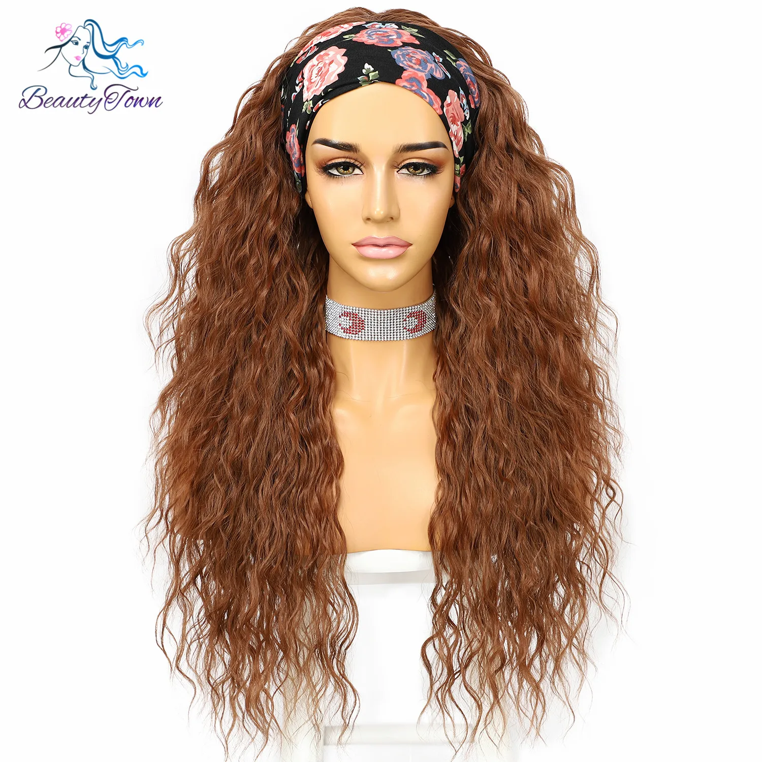 Headband Wig for Women Kinky Curly Wigs Long Brown #30 Color Daily Wedding Party Travel Holiday Glueless Hair 2 Free Bands