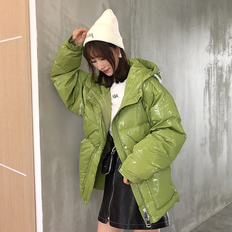 

Oversized Women Korean Style Glossy Green Pink Down Jacket 2019 New Arrival Hooded Winter Warm Duck Down Coat