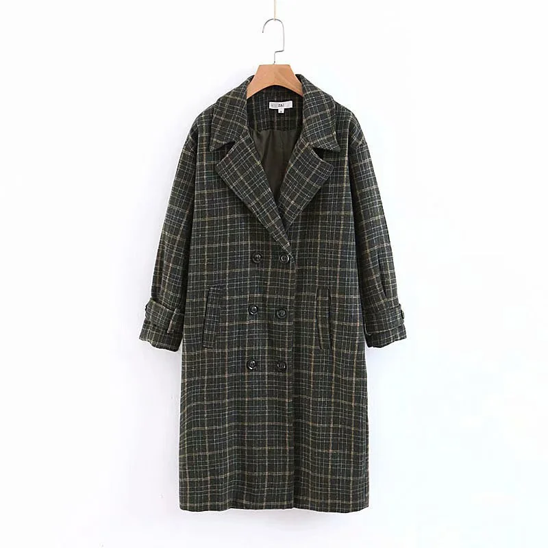 Women Winter Fashion Thicken Warm Loose Outerwear Vintage Plaid Long Coats Ladies Khaki Double Button Slim Tweed Jackets - Цвет: green