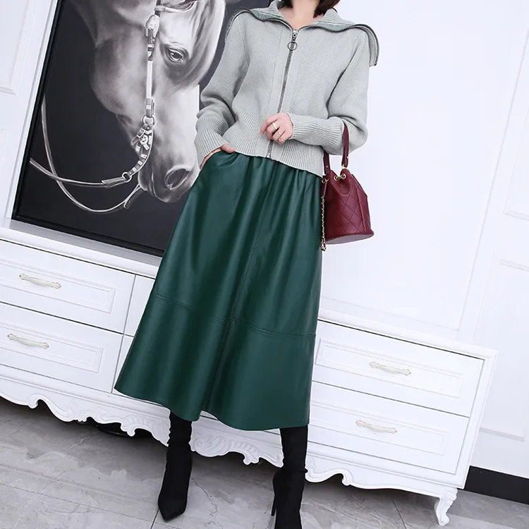 

Chic women's casual elastic waist leather a-line skirts spring autumn high quality genuine leather high-rise skirt C201