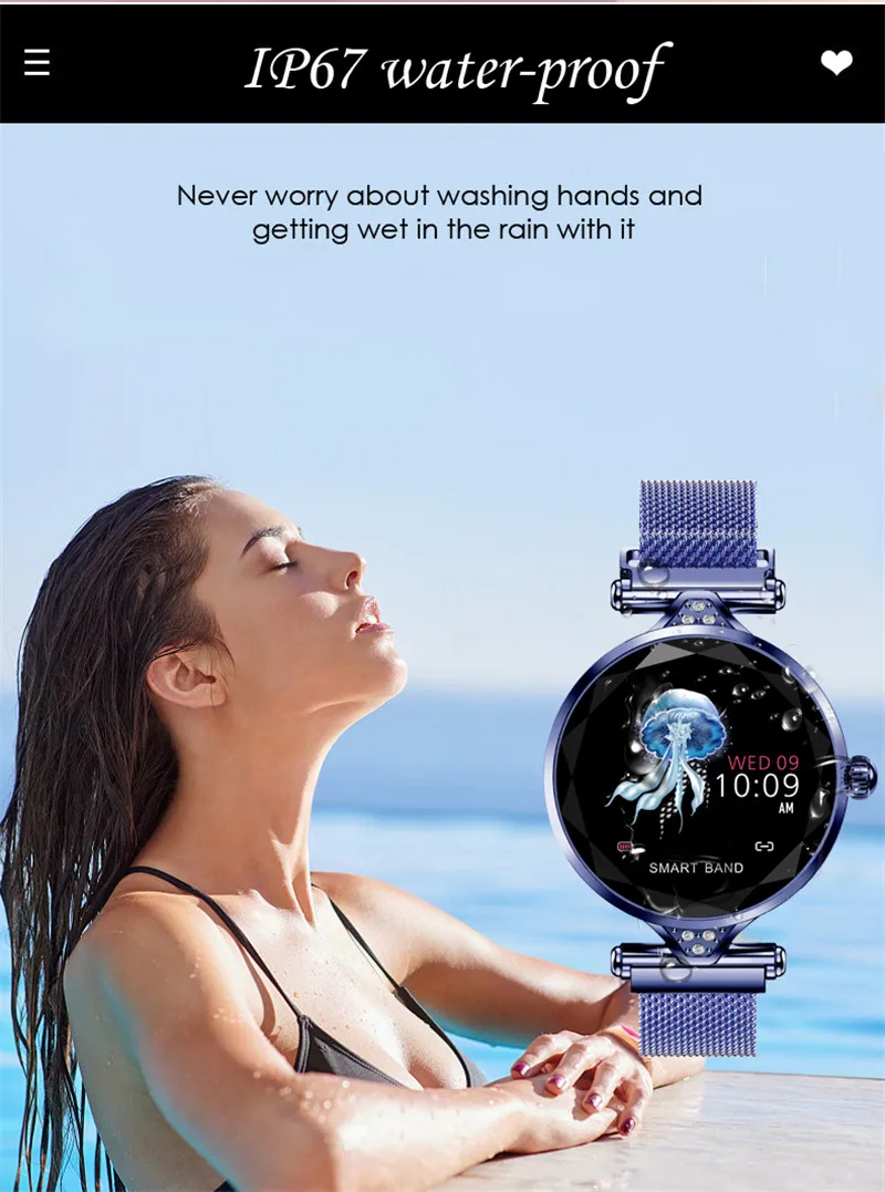 LYKRY, женские Смарт-часы H1, IP67, водонепроницаемые, пульсометр, измеритель артериального давления, фитнес-трекер, Смарт-часы, женский браслет