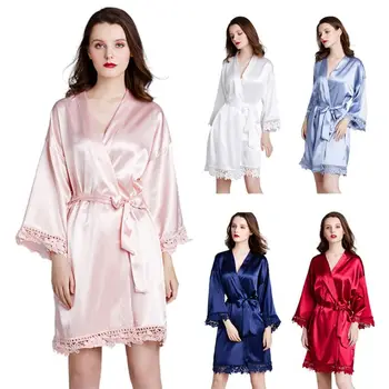 

Womens Satin Kimono Robe Embroidery Floral Lace Trim Nightgown V-Neck Bathrobe