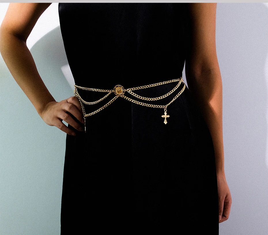 SHIXIN модный многослойный пояс-цепочка для женщин, подвеска-крест золотого/серебряного цвета, пояс-цепочка на талию, Аксессуары для платья, женский пояс на талию