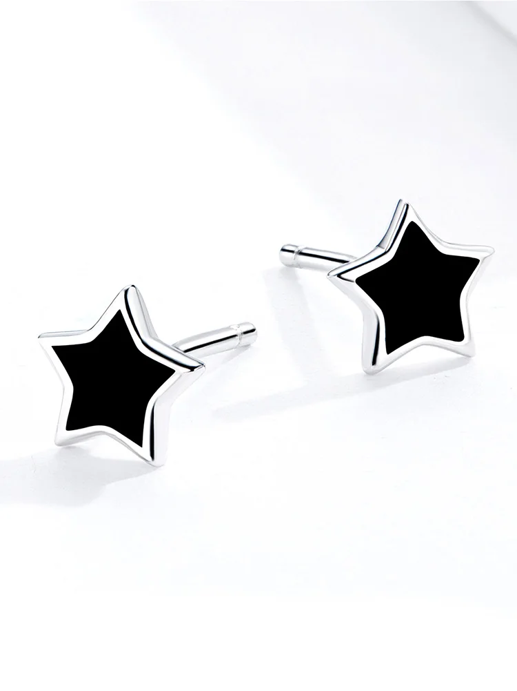VOROCO Real 925 Sterling Silver Stud Earrings Pentagram Five-pointed Star Black Fine Jewelry for Women Unisex BNE275