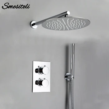

Smesiteli Bathroom Shower Set Chrome Rain Shower Faucet Wall Mounted Thermostatic Valve System 8-12"Shower Head Bathroom Faucet