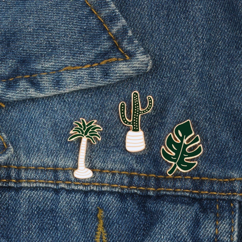 

Fashion Simple Cartoon Green Plant Cactus Palm Leaf Tree Brooch Pins Enamel Button Collar Badge Pin Lapel Denim Jackets Jewelry