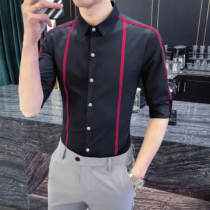 

Men's shirt short-sleeved male Korean trend summer striped five-point sleeve shirt fashion sleeve shirt