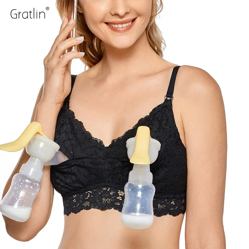 Womens Maternity Hands-Free Pumping Bra Plus Size Wirefree Lace Nursing Bralette