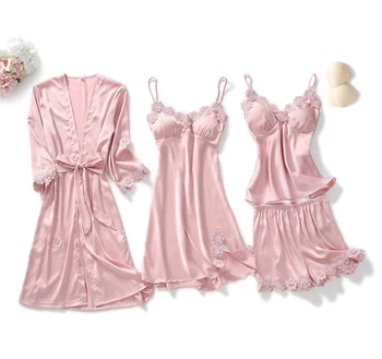 

Lisacmvpnel 4 Pcs Silk Pajama Set with Pad NightgownSet Lace Sexy Pyjama for Women Womens Tops and Blouses Summer Knee-Length